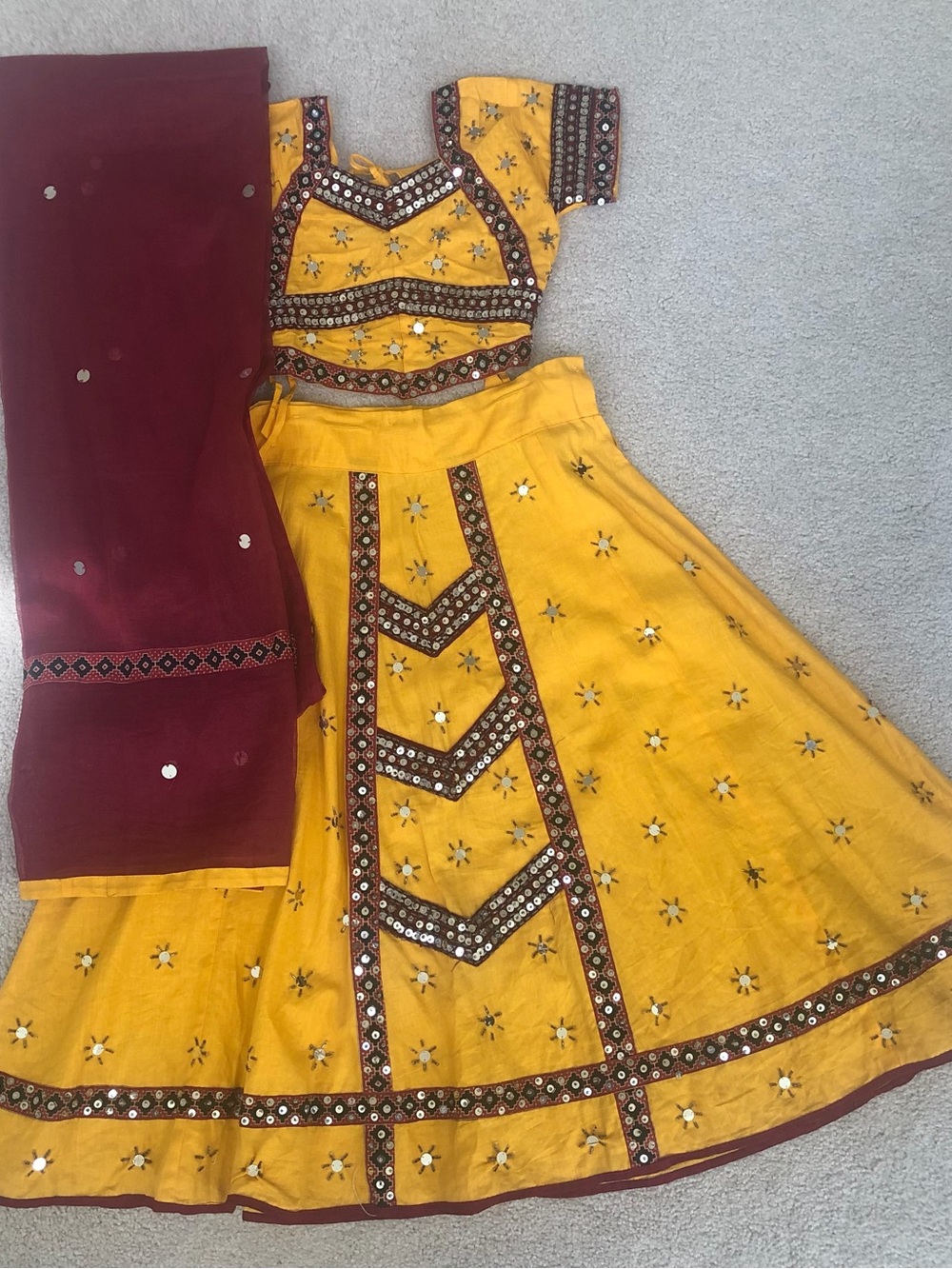 Traditional Yellow Embroidered Kids Lehenga with Maroon Dupatta